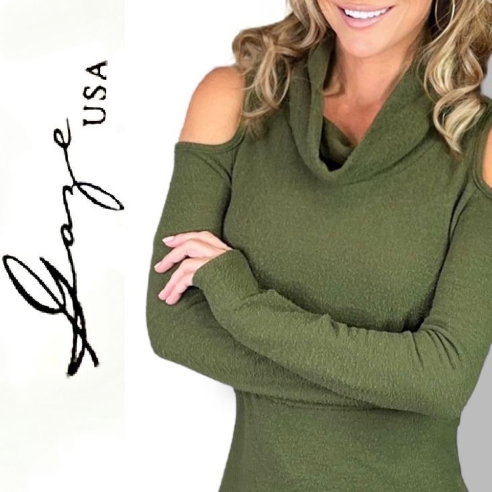 Gaze USA Cold Shoulder Cowl Neck Green Sweater S
